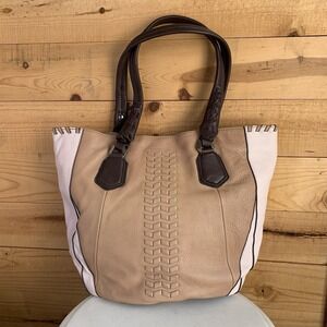 OrYANY Lyssie Tan/Pink/Brown Colorblock Soft Pebbled‎ Leather Tote Hobo Bag